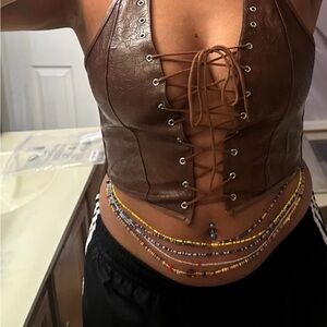 Brown Lace-Up Leather Crop Top